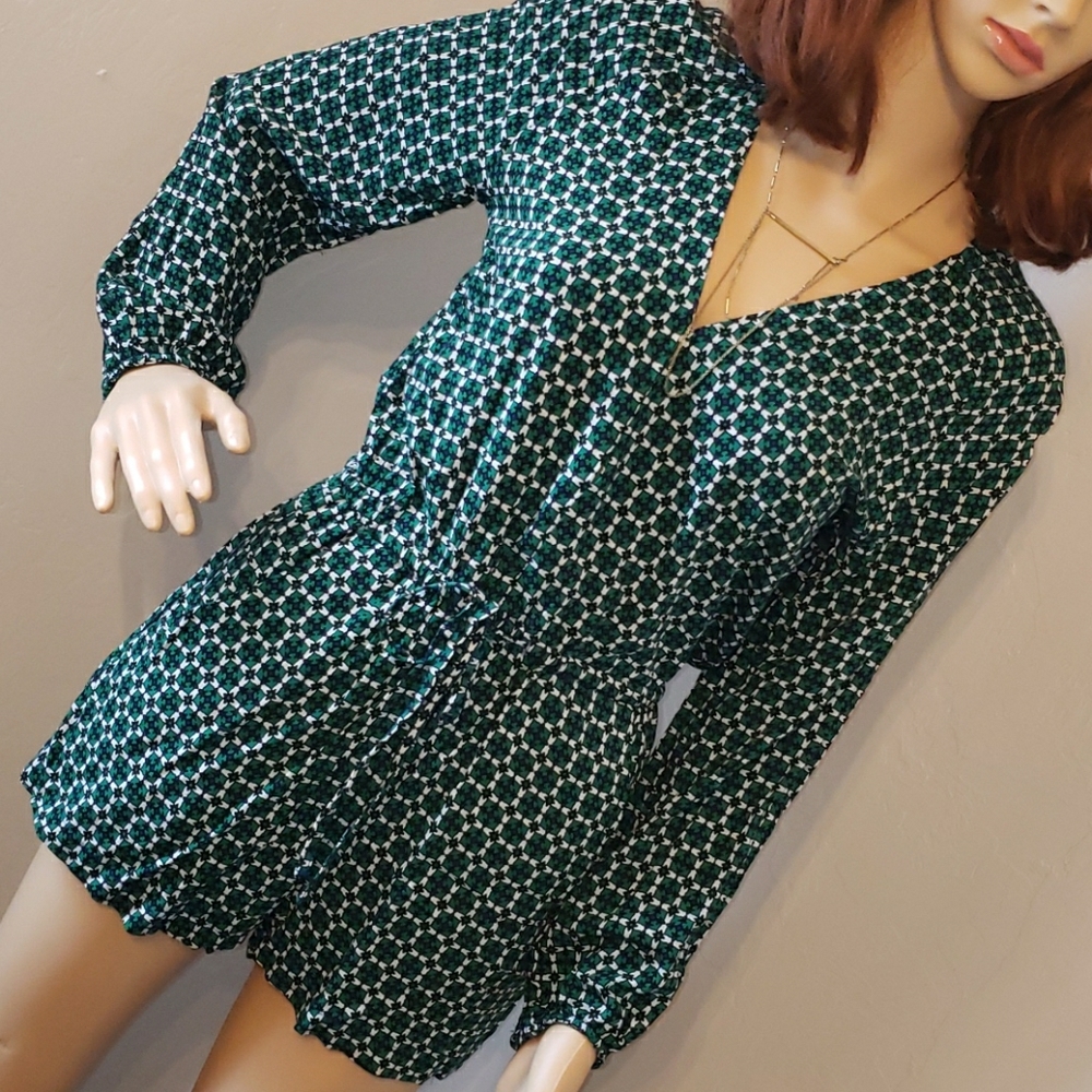 H&M Green/Blue Mosaic Print Long Sleeve Romper